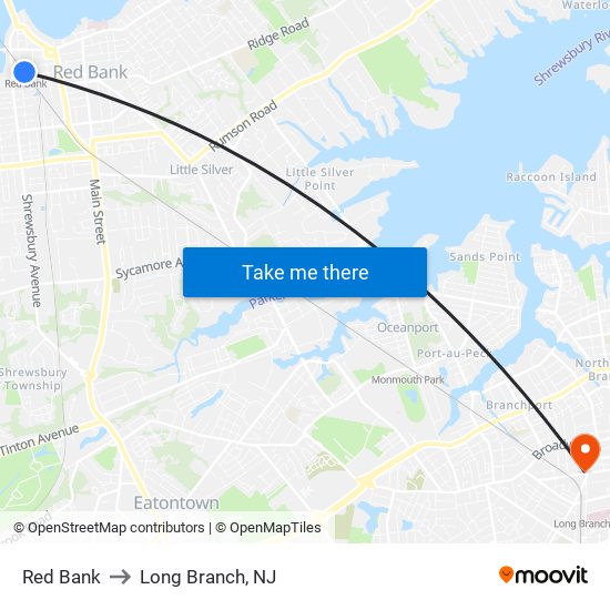 Red Bank to Long Branch, NJ map