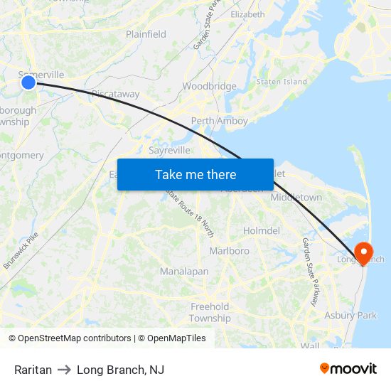 Raritan to Long Branch, NJ map