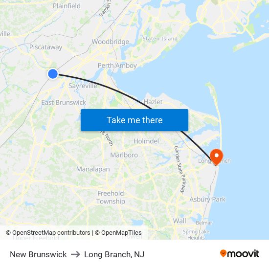 New Brunswick to Long Branch, NJ map