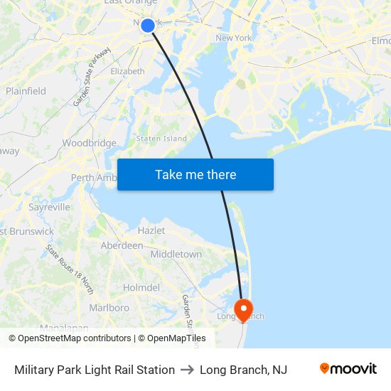 Military Park Light Rail Station to Long Branch, NJ map