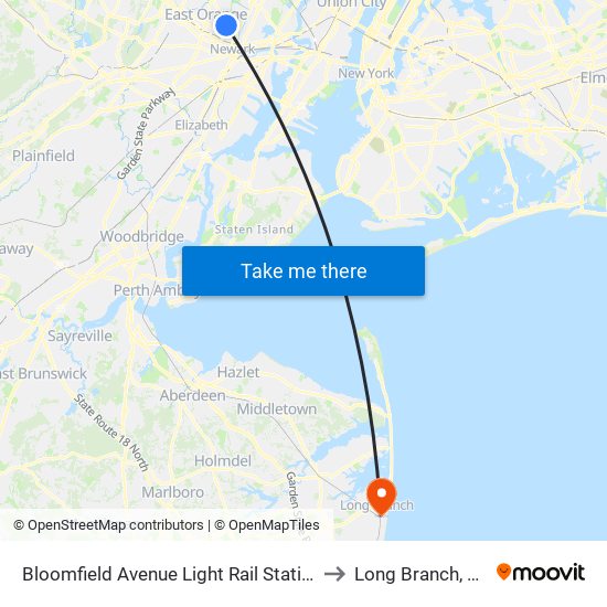 Bloomfield Avenue Light Rail Station to Long Branch, NJ map