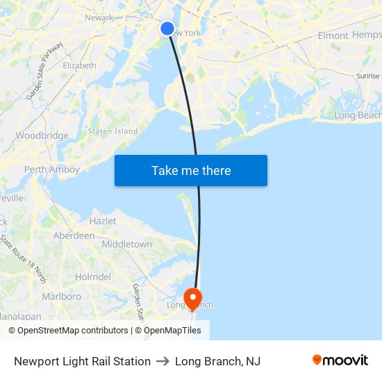 Newport Light Rail Station to Long Branch, NJ map