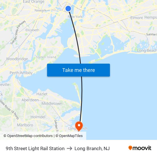 9th Street Light Rail Station to Long Branch, NJ map