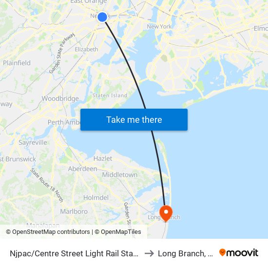 Njpac/Centre Street Light Rail Station to Long Branch, NJ map