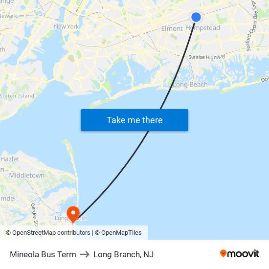 Mineola Bus Term to Long Branch, NJ map