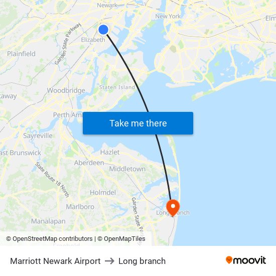Marriott Newark Airport to Long branch map