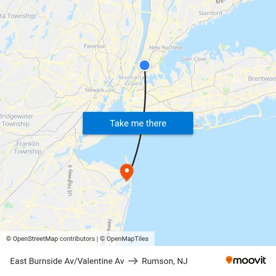 East Burnside Av/Valentine Av to Rumson, NJ map