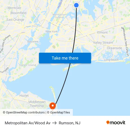 Metropolitan Av/Wood Av to Rumson, NJ map