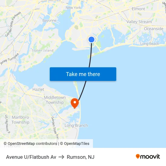 Avenue U/Flatbush Av to Rumson, NJ map