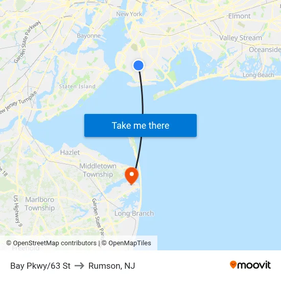 Bay Pkwy/63 St to Rumson, NJ map