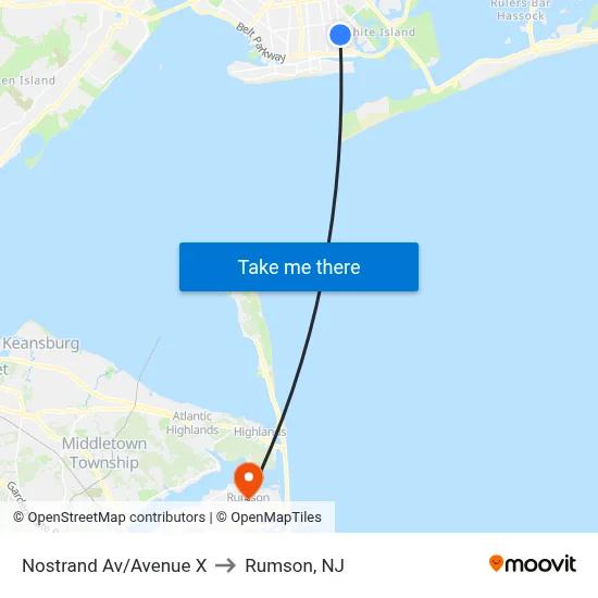 Nostrand Av/Avenue X to Rumson, NJ map