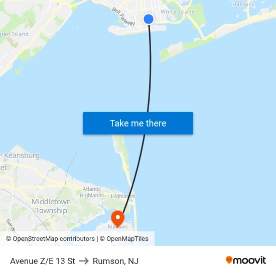 Avenue Z/E 13 St to Rumson, NJ map