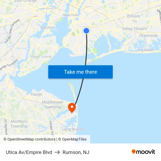 Utica Av/Empire Blvd to Rumson, NJ map