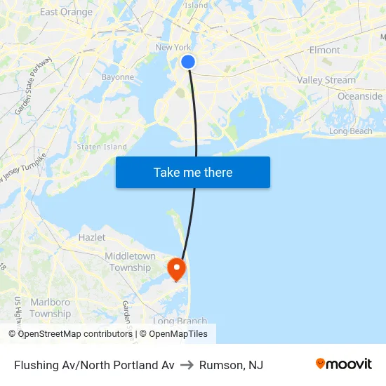 Flushing Av/North Portland Av to Rumson, NJ map