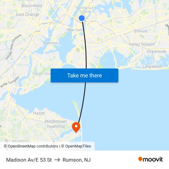 Madison Av/E 53 St to Rumson, NJ map