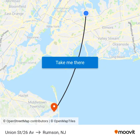 Union St/26 Av to Rumson, NJ map