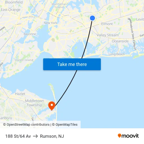 188 St/64 Av to Rumson, NJ map