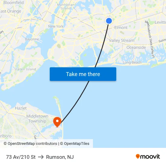73 Av/210 St to Rumson, NJ map