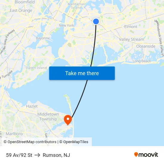 59 Av/92 St to Rumson, NJ map