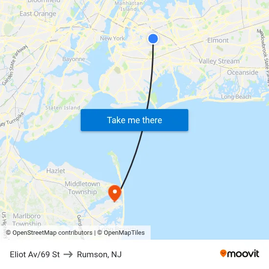 Eliot Av/69 St to Rumson, NJ map