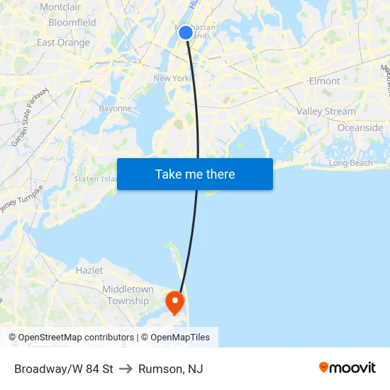 Broadway/W 84 St to Rumson, NJ map