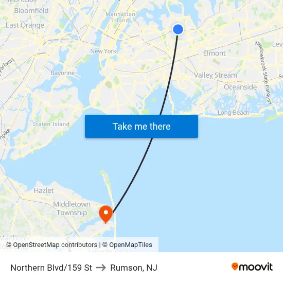 Northern Blvd/159 St to Rumson, NJ map
