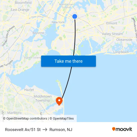 Roosevelt Av/51 St to Rumson, NJ map