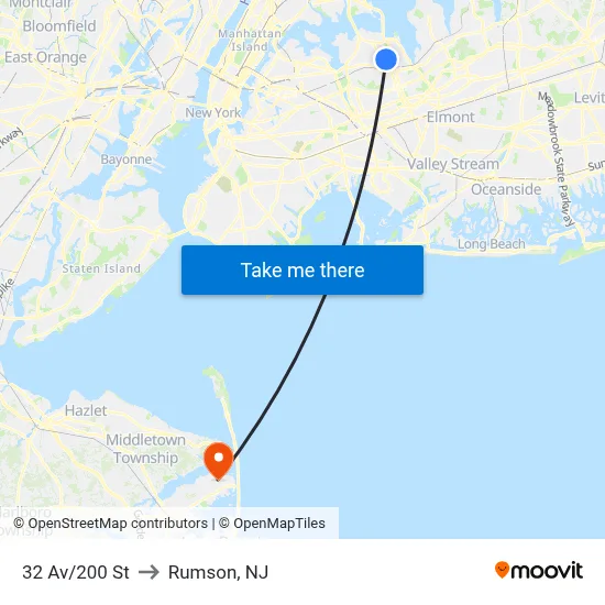 32 Av/200 St to Rumson, NJ map
