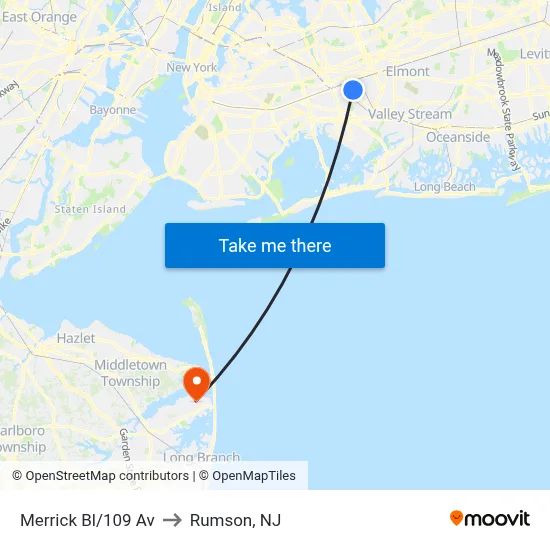 Merrick Bl/109 Av to Rumson, NJ map