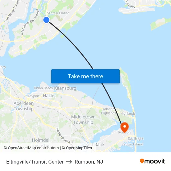 Eltingville/Transit Center to Rumson, NJ map