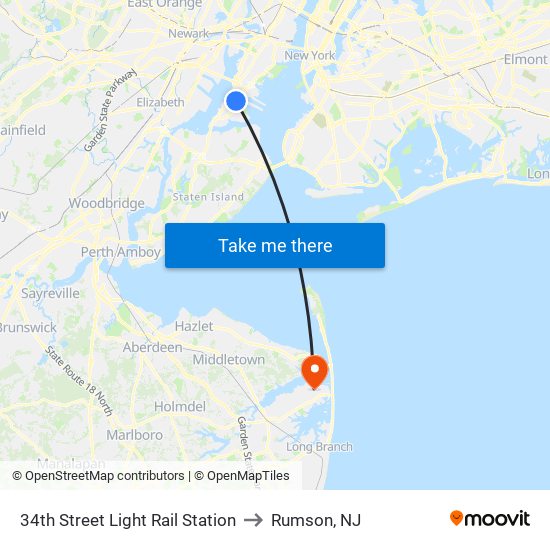 34th Street Light Rail Station to Rumson, NJ map