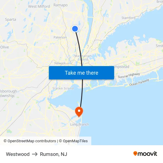Westwood to Rumson, NJ map