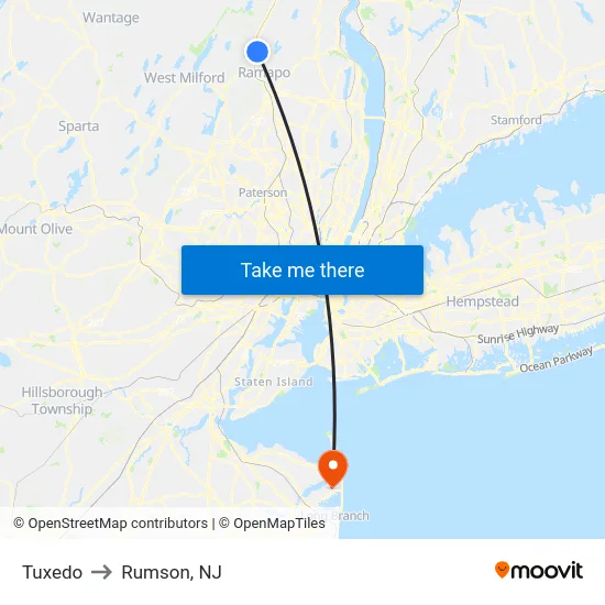 Tuxedo to Rumson, NJ map