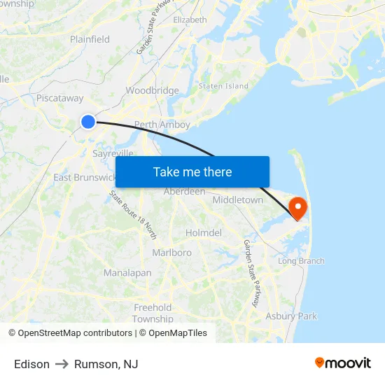 Edison to Rumson, NJ map