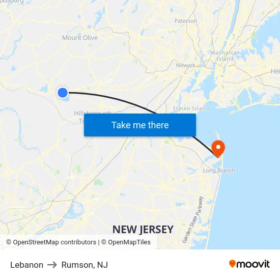 Lebanon to Rumson, NJ map