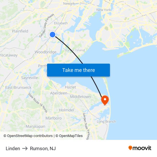 Linden to Rumson, NJ map