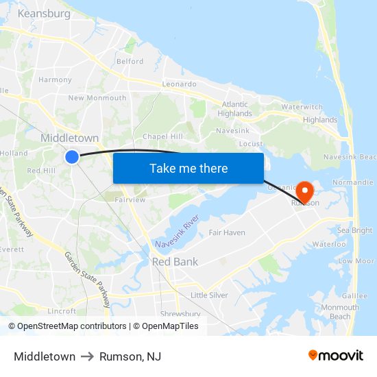 Middletown to Rumson, NJ map