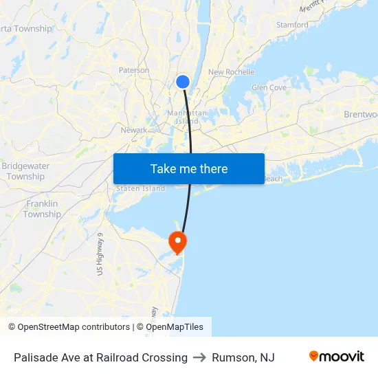 Palisade Ave at Railroad Crossing to Rumson, NJ map