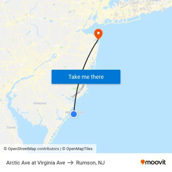 Arctic Ave at Virginia Ave to Rumson, NJ map