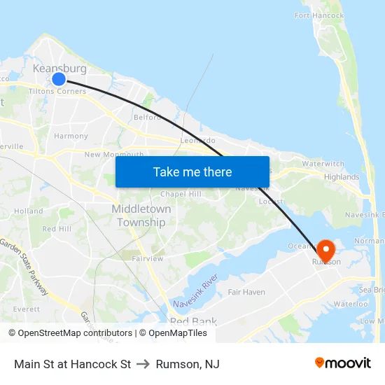 Main St at Hancock St to Rumson, NJ map