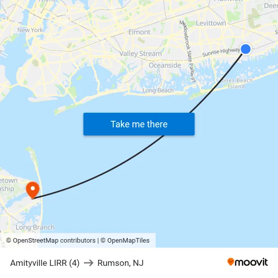Amityville LIRR (4) to Rumson, NJ map