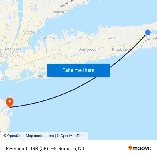 Riverhead LIRR (58) to Rumson, NJ map