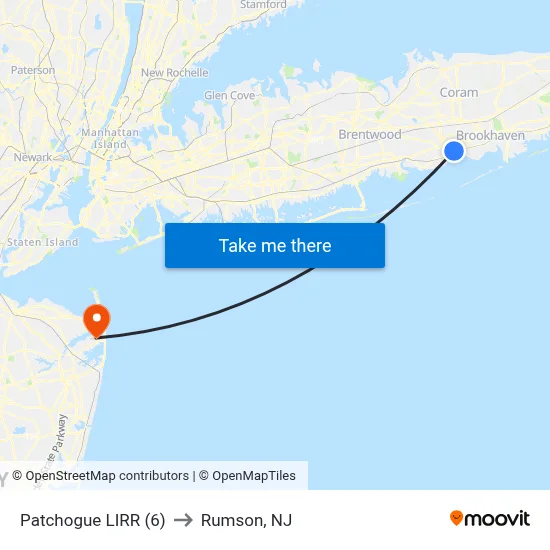 Patchogue LIRR (6) to Rumson, NJ map