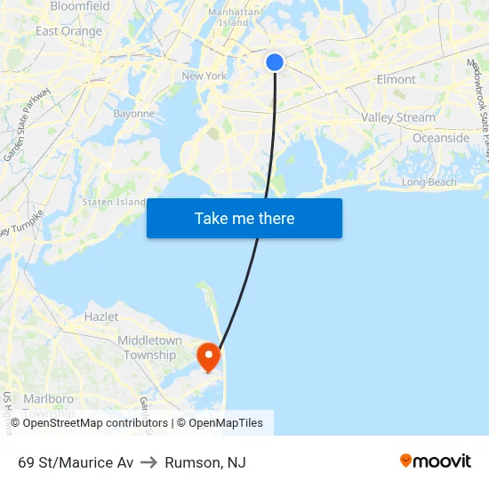 69 St/Maurice Av to Rumson, NJ map