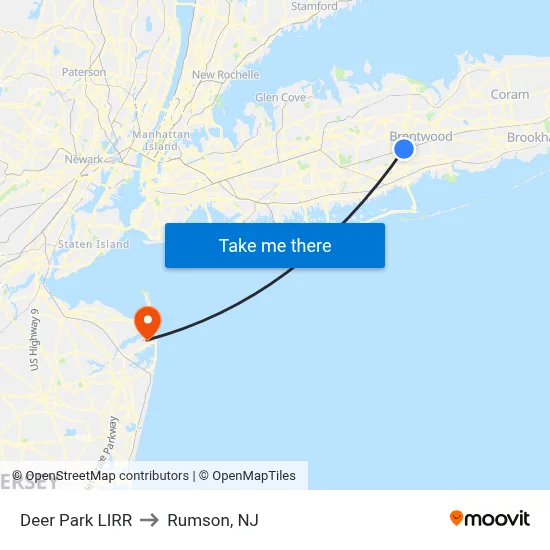 Deer Park LIRR to Rumson, NJ map