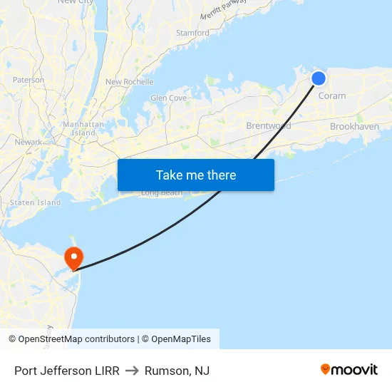 Port Jefferson LIRR to Rumson, NJ map