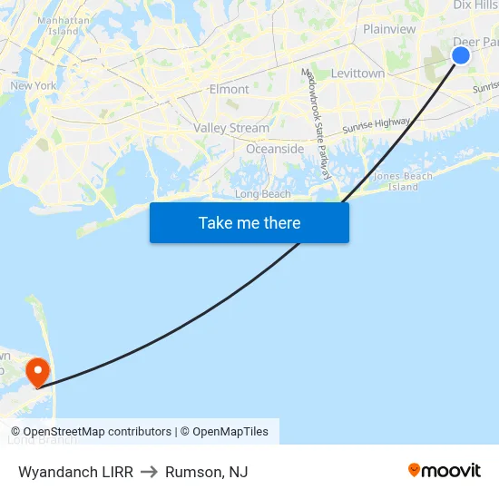 Wyandanch LIRR to Rumson, NJ map