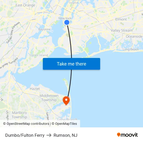 Dumbo/Fulton Ferry to Rumson, NJ map