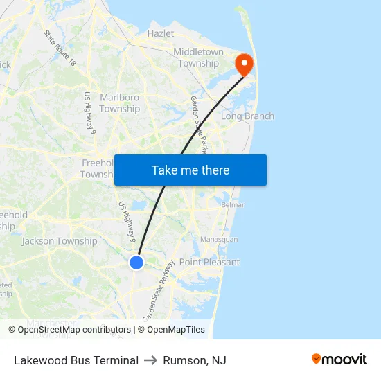 Lakewood Bus Terminal to Rumson, NJ map