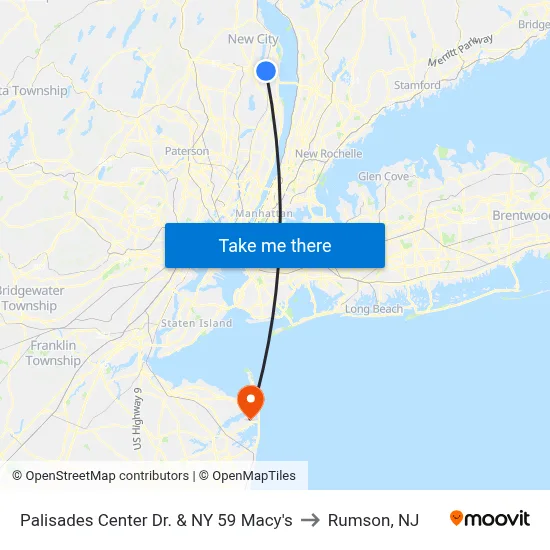 Palisades Center Dr. & NY 59 Macy's to Rumson, NJ map